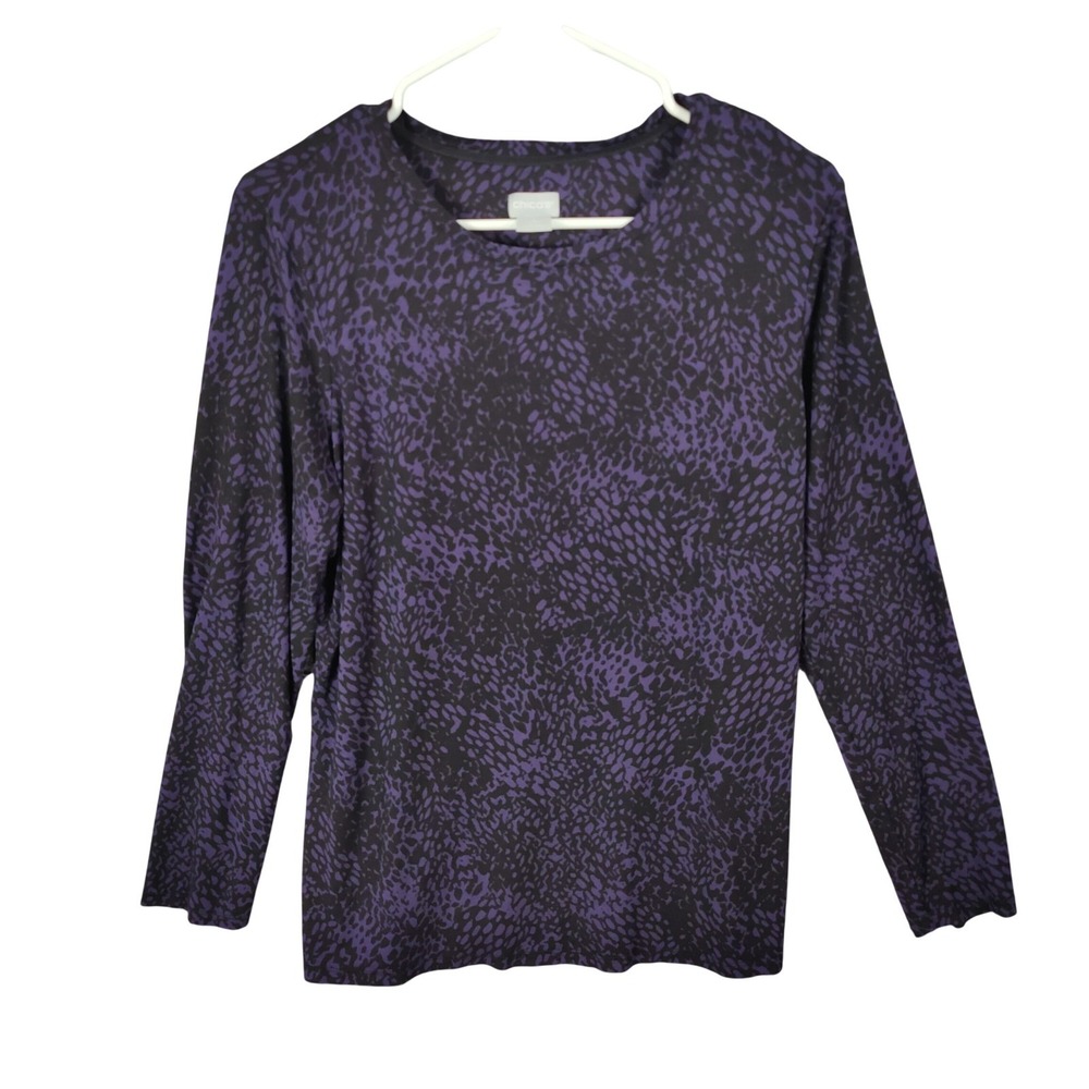 Chico's Women Animal Print Long Sleeve Top 2 L Purple Crew Neck Casual Chic